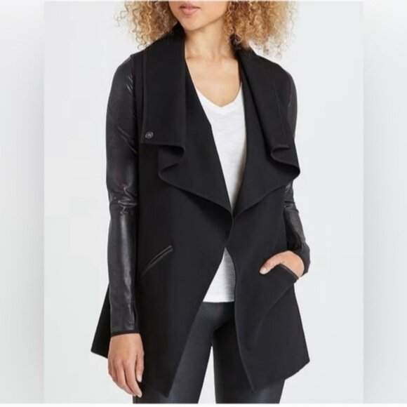 Spanx Faux Leather Drape Front Jacket Very Black Edgy Motorcycle Gothic Coat 2X - Picture 2 of 12